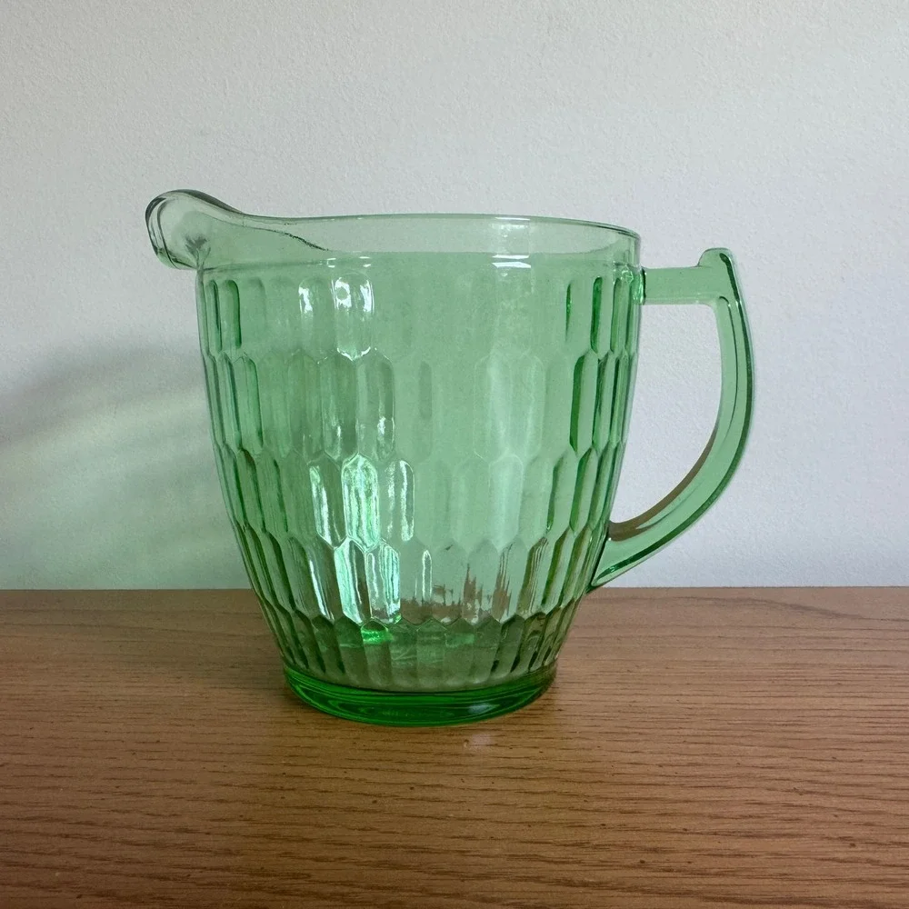 Teleflora 75 Years‎ Anniversary Green Glass Pitcher Honeycomb Ribbed Vintage